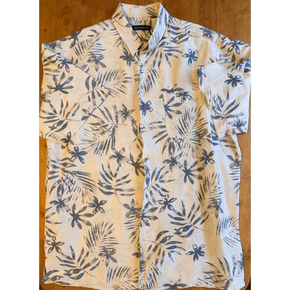 Barry Bricken Men Blue White Tropical Palm Floral Short Sleeve Button Down Shirt